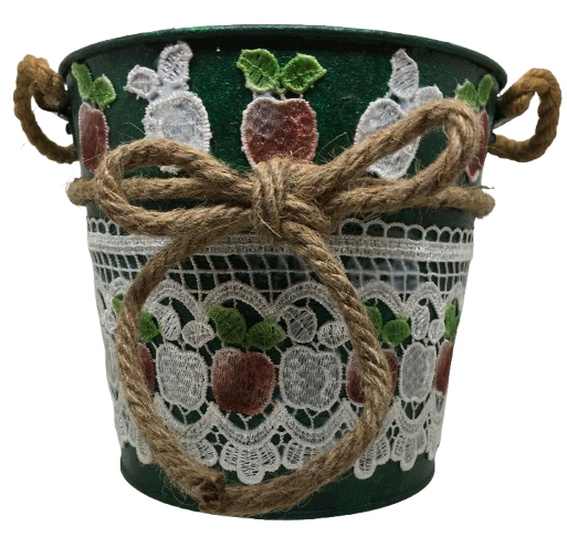 Galvanized Metal Round Bucket-Pail Decoupaged Lace APPLE Design Rope Handles and Bow Farmhouse Country KITCHEN Wall Art or Shelf Sitter Handmade Storage Gift Idea &nbsp;- JAMsCraftCloset