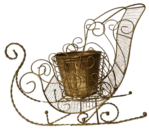 Sleigh Gold Wire and Mesh Covered Metal Sleigh With BUCKET Holiday Christmas Decoration Table Top Vintage Unique - JAMsCraftCloset