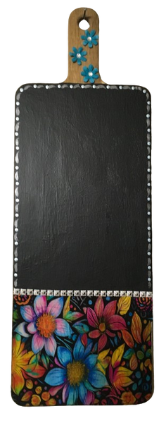 Wood Cutting Board Hand Painted Decoupaged Vibrant Floral CHALKBOARD Wall Art Kitchen Office Decor Gift Idea Repurposed Upcycled - JAMsCraftCloset