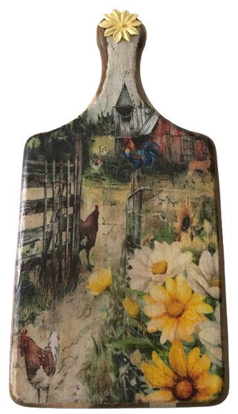 Wood Cutting Board Hand Painted Decoupaged RED BARN HENS DAISIES CHALKBOARD ON BACK Wall Art Kitchen Office Decor Gift Idea Repurposed Upcycled - JAMsCraftCloset