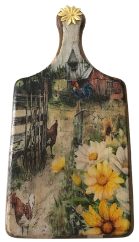 Wood Cutting Board Hand Painted Decoupaged RED BARN HENS DAISIES CHALKBOARD ON BACK Wall Art Kitchen Office Decor Gift Idea Repurposed Upcycled - JAMsCraftCloset