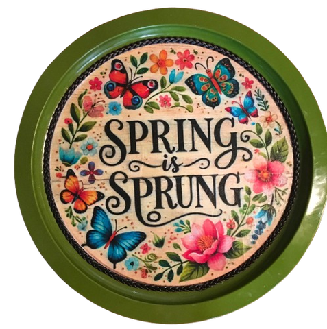 Metal Round OLIVE GREEN TRAY Farmhouse Country Floral Design Wall Art SPRING IS SPRUNG Cottage Chic Victorian Decor Handmade Engagement Wedding Gift Idea &nbsp;- JAMsCraftCloset
