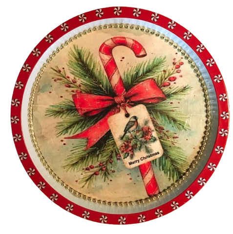 TRAY WHITE and RED METAL ROUND Decoupaged Hand Painted Upcycled Repurposed Wall Art CANDY CANE MERRY CHRISTMAS Home Decor Christmas Wall Art Gift - JAMsCraftCloset