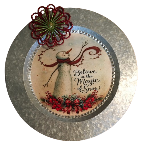 Galvanized Metal Round Charger Plate Christmas Decor Decoupaged Farmhouse Country Wall Art Shelf Sitter BELIEVE IN THE MAGIC OF SNOW Handmade Gift Idea - JAMsCraftCloset