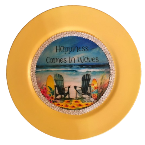 CHARGER PLATE YELLOW PLASTIC ROUND BEACH THEME - DECOUPAGED Upcycled Repurposed Wall Art or Shelf Sitter HAPPINESS COMES IN WAVES Home Decor Gift - JAMsCraftCloset