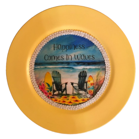 CHARGER PLATE YELLOW PLASTIC ROUND BEACH THEME - DECOUPAGED Upcycled Repurposed Wall Art or Shelf Sitter HAPPINESS COMES IN WAVES Home Decor Gift - JAMsCraftCloset
