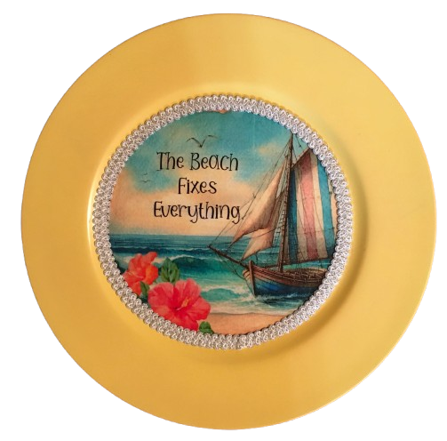 CHARGER PLATE YELLOW PLASTIC ROUND BEACH THEME - DECOUPAGED Upcycled Repurposed Wall Art or Shelf Sitter THE BEACH FIXES EVERYTHING Home Decor Gift - JAMsCraftCloset