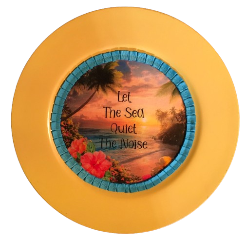 CHARGER PLATE YELLOW PLASTIC ROUND BEACH THEME - DECOUPAGED Upcycled Repurposed Wall Art or Shelf Sitter LET THE SEA QUIET THE NOISE Home Decor Gift - JAMsCraftCloset