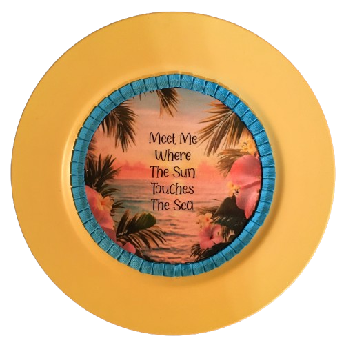 CHARGER PLATE YELLOW PLASTIC ROUND BEACH THEME - DECOUPAGED Upcycled Repurposed Wall Art or Shelf Sitter MEET ME WHERE THE SUN TOUCHES THE SEA Home Decor Gift - JAMsCraftCloset