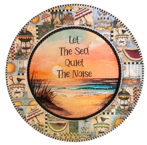 PLATE PLASTIC ROUND Beachy Border DECOUPAGED Upcycled Repurposed Wall Art or Shelf Sitter LET THE SEA QUIET THE NOISE Beach Theme Home Decor Gift - JAMsCraftCloset