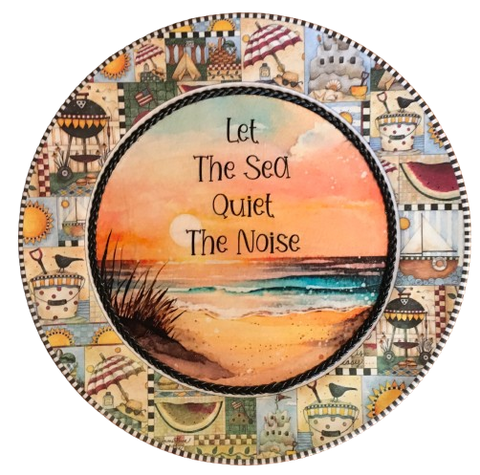 PLATE PLASTIC ROUND Beachy Border DECOUPAGED Upcycled Repurposed Wall Art or Shelf Sitter LET THE SEA QUIET THE NOISE Beach Theme Home Decor Gift - JAMsCraftCloset