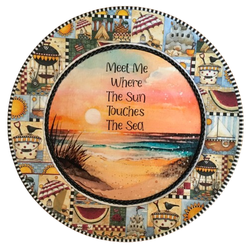 PLATE PLASTIC ROUND Beachy Border DECOUPAGED Upcycled Repurposed Wall Art or Shelf Sitter MEET ME WHERE THE SUN TOUCHES THE SEA Beach Theme Home Decor Gift - JAMsCraftCloset
