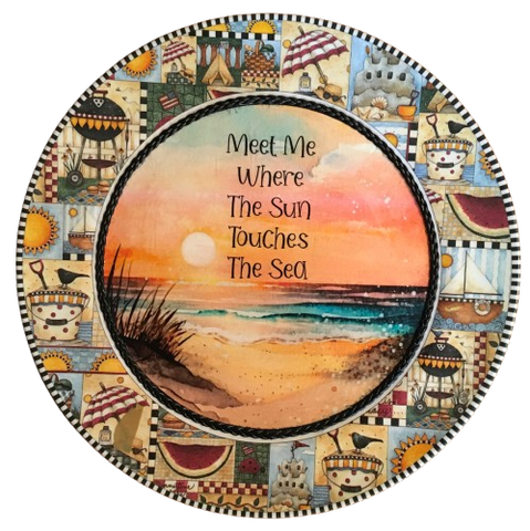 PLATE PLASTIC ROUND Beachy Border DECOUPAGED Upcycled Repurposed Wall Art or Shelf Sitter MEET ME WHERE THE SUN TOUCHES THE SEA Beach Theme Home Decor Gift - JAMsCraftCloset