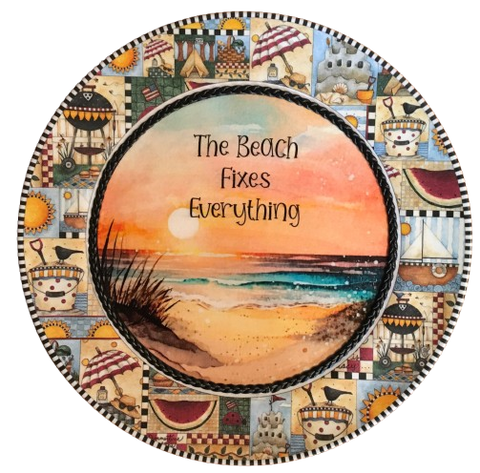 PLATE PLASTIC ROUND Beachy Border DECOUPAGED Upcycled Repurposed Wall Art or Shelf Sitter THE BEACH FIXES EVERYTHING Beach Theme Home Decor Gift - JAMsCraftCloset