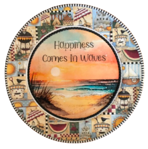 PLATE PLASTIC ROUND Beachy Border DECOUPAGED Upcycled Repurposed Wall Art or Shelf Sitter HAPPINESS COMES IN WAVES Beach Theme Home Decor Gift - JAMsCraftCloset