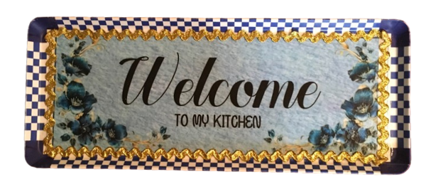 TRAY BLUE and WHITE CHECKERED Plastic Rectangle Decoupaged Upcycled Repurposed KITCHEN Theme WELCOME TO MY KITCHEN Wall Art Shelf Sitter Decor Gift - JAMsCraftCloset