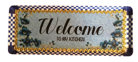 TRAY BLUE and WHITE CHECKERED Plastic Rectangle Decoupaged Upcycled Repurposed KITCHEN Theme WELCOME TO MY KITCHEN Wall Art Shelf Sitter Decor Gift - JAMsCraftCloset