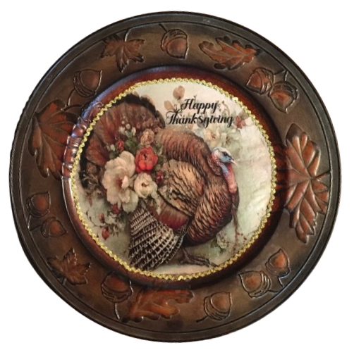CHARGER PLATE RUSTY BROWN PLASTIC ROUND - HAPPY THANKSGIVING - FAITH - DECOUPAGED Upcycled Repurposed Wall Art or Shelf Sitter Holiday Home Decor Gift - JAMsCraftCloset