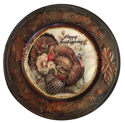 CHARGER PLATE RUSTY BROWN PLASTIC ROUND - HAPPY THANKSGIVING - FAITH - DECOUPAGED Upcycled Repurposed Wall Art or Shelf Sitter Holiday Home Decor Gift - JAMsCraftCloset