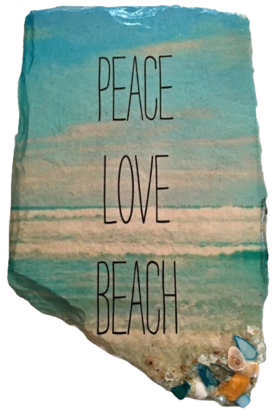 Antique West Virginia Roof Decoupaged PEACE LOVE BEACH - Beach Theme 3-D Embellishments Shells and Sand Handmade Wall Art Unique Beach Lake House Gift- JAMsCraftCloset