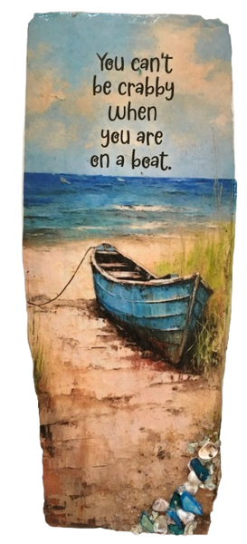 Antique West Virginia Roof Decoupaged YOU CANT BE CRABBY WHILE ON A BOAT - Beach Theme 3-D Embellishments Shells and Sand Handmade Wall Art Unique Beach Lake House Gift- JAMsCraftCloset
