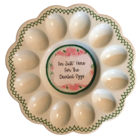 WHITE PLASTIC ROUND DEVILED EGG HOLDER Decoupaged Hand Painted IM HERE FOR THE DEVILED EGGS - Home KITCHEN Decor Shelf Sitter - JAMsCraftCloset