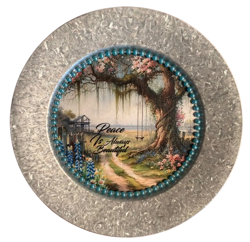 Galvanized Metal Round Charger Plate With Hanging Hook Decoupaged Farmhouse Country Wall Art Shelf Sitter PEACE IS ALWAYS BEAUTIFUL Handmade Gift Idea - JAMsCraftCloset