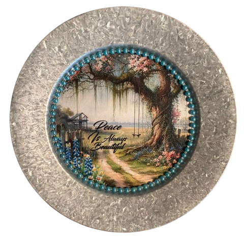 Galvanized Metal Round Charger Plate With Hanging Hook Decoupaged Farmhouse Country Wall Art Shelf Sitter PEACE IS ALWAYS BEAUTIFUL Handmade Gift Idea - JAMsCraftCloset