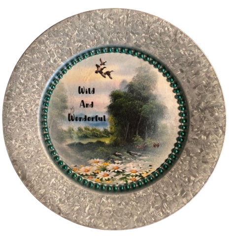 Galvanized Metal Round Charger Plate With Hanging Hook Decoupaged Farmhouse Country Wall Art Shelf Sitter WILD AND WONDERFUL Handmade Gift Idea - JAMsCraftCloset