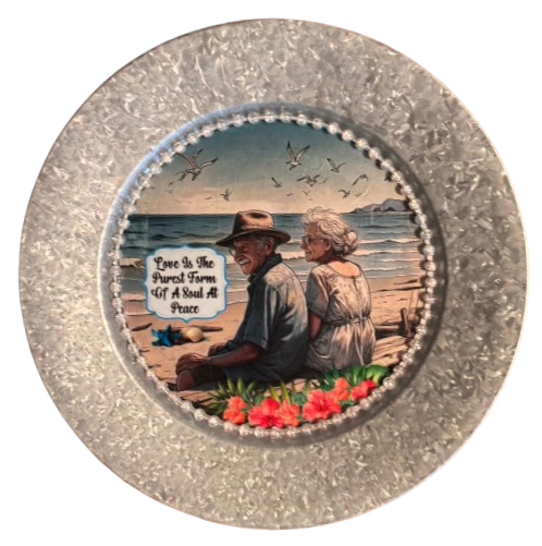 Galvanized Metal Round Charger Plate With Hanging Hook Decoupaged Farmhouse Country Wall Art Shelf Sitter LOVE IS THE PUREST 2 Handmade Gift Idea - JAMsCraftCloset