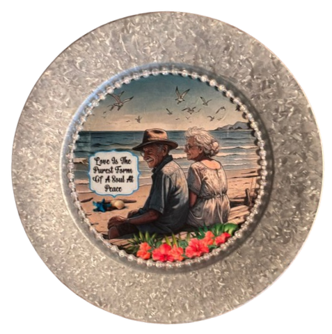 Galvanized Metal Round Charger Plate With Hanging Hook Decoupaged Farmhouse Country Wall Art Shelf Sitter LOVE IS THE PUREST 2 Handmade Gift Idea - JAMsCraftCloset