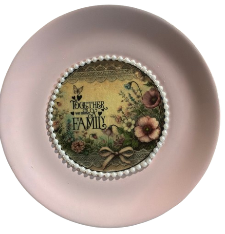 Metal Round VINTAGE VIEL INOX SAUCER Farmhouse Country Floral Design Wall Art PINK TOGETHER WE MAKE A FAMILY Cottage Chic Victorian Decor Handmade Decoupaged Engagement Wedding Gift