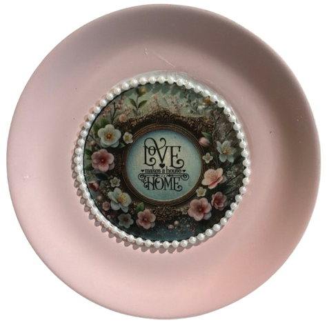 Metal Round VINTAGE VIEL INOX SAUCER Farmhouse Country Floral Design Wall Art PINK LOVE MAKES A HOUSE A HOME Cottage Chic Victorian Decor Handmade Decoupaged Engagement Wedding Gift &nbsp;- JAMsCraftCloset