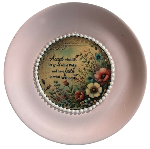 Metal Round VINTAGE VIEL INOX SAUCER Farmhouse Country Floral Design Wall Art PINK ACCEPT WHAT IS Cottage Chic Victorian Decor Handmade Decoupaged Engagement Wedding Gift &nbsp;- JAMsCraftCloset