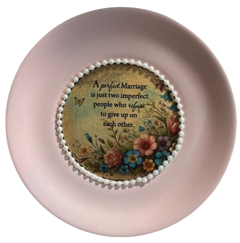 Metal Round VINTAGE VIEL INOX SAUCER Farmhouse Country Floral Design Wall Art PINK A PERFECT MARRIAGE Cottage Chic Victorian Decor Handmade Decoupaged Engagement Wedding Gift &nbsp;- JAMsCraftCloset