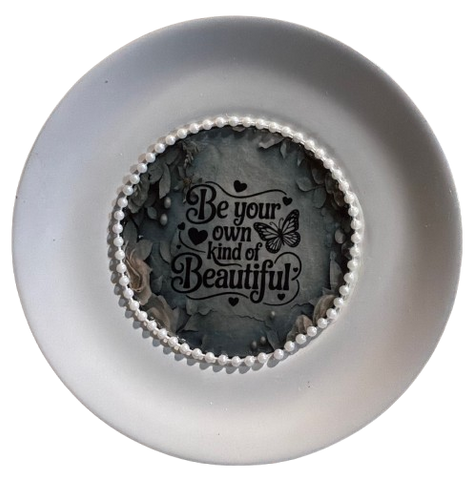 Metal Round VINTAGE VIEL INOX SAUCER Farmhouse Country Floral Design Wall Art WHITE - BE YOUR OWN KIND OF BEAUTIFUL Cottage Chic Victorian Decor Handmade Decoupaged Engagement Wedding Gift {{ JAMsCraftCloset }}