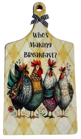 Wood Cutting Board Hand Painted Decoupaged WHO'S MAKING BREAKFAST Wall Art Kitchen Decor Gift Idea Repurposed Upcycled - JAMsCraftCloset