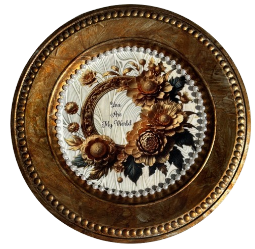 PLATE CHARGER GOLD PLASTIC ROUND DECOUPAGED Upcycled Repurposed Wall Art or Shelf Sitter YOU ARE MY WORLD Home Decor Gift WEDDING - JAMsCraftCloset