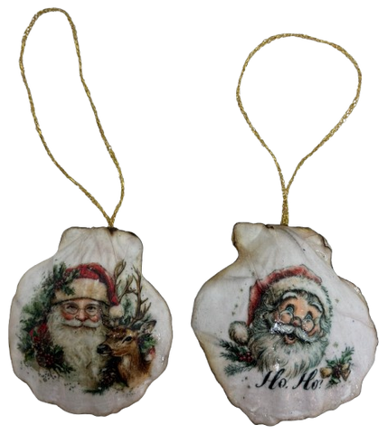 SCALLOP SEASHELL CHRISTMAS ORNAMENT- Set 6 BEACH COASTAL DECOR - Handmade Hand Painted DECOUPAGED Repurposed Upcycled Gift SET OF 2 Ornaments - JAMsCraftCloset