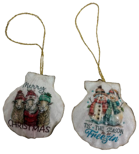 SCALLOP SEASHELL CHRISTMAS ORNAMENT- Set 7 BEACH COASTAL DECOR - Handmade Hand Painted DECOUPAGED Repurposed Upcycled Gift SET OF 2 Ornaments {{ JAMsCraftCloset }}