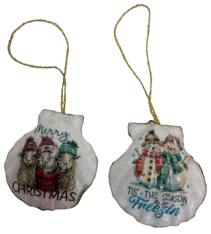 SCALLOP SEASHELL CHRISTMAS ORNAMENT- Set 7 BEACH COASTAL DECOR - Handmade Hand Painted DECOUPAGED Repurposed Upcycled Gift SET OF 2 Ornaments - JAMsCraftCloset