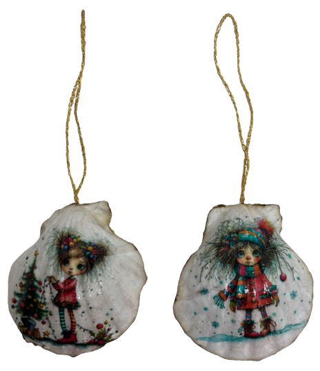 SCALLOP SEASHELL CHRISTMAS ORNAMENT- Set 8 BEACH COASTAL DECOR - Handmade Hand Painted DECOUPAGED Repurposed Upcycled Gift SET OF 2 Ornaments - JAMsCraftCloset