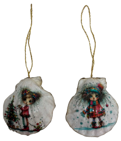 SCALLOP SEASHELL CHRISTMAS ORNAMENT- Set 8 BEACH COASTAL DECOR - Handmade Hand Painted DECOUPAGED Repurposed Upcycled Gift SET OF 2 Ornaments - JAMsCraftCloset