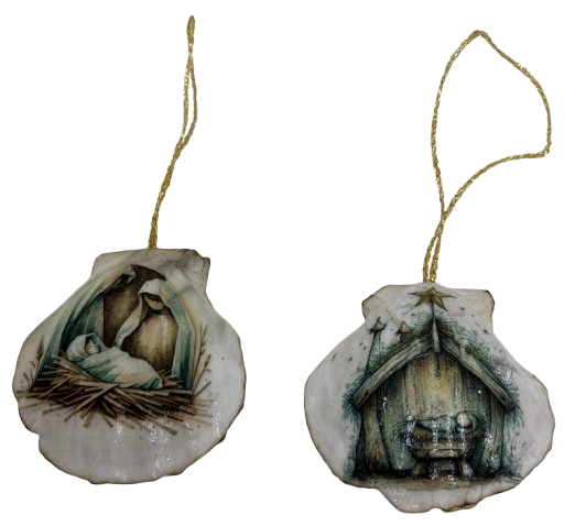 SCALLOP SEASHELL CHRISTMAS ORNAMENT- Set 9 BEACH COASTAL DECOR - Handmade Hand Painted DECOUPAGED Repurposed Upcycled Gift SET OF 2 Ornaments