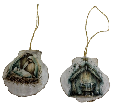 SCALLOP SEASHELL CHRISTMAS ORNAMENT- Set 9 BEACH COASTAL DECOR - Handmade Hand Painted DECOUPAGED Repurposed Upcycled Gift SET OF 2 Ornaments