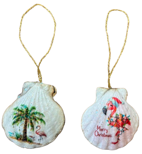 SCALLOP SEASHELL CHRISTMAS ORNAMENT- Shell FLAMINGO Christmas Ornaments SET 2 - BEACH COASTAL DECOR - Handmade Hand Painted DECOUPAGED Repurposed Upcycled Gift SET OF 2 Ornaments - JAMsCraftCloset