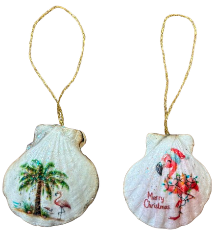 SCALLOP SEASHELL CHRISTMAS ORNAMENT- Shell FLAMINGO Christmas Ornaments SET 2 - BEACH COASTAL DECOR - Handmade Hand Painted DECOUPAGED Repurposed Upcycled Gift SET OF 2 Ornaments - JAMsCraftCloset