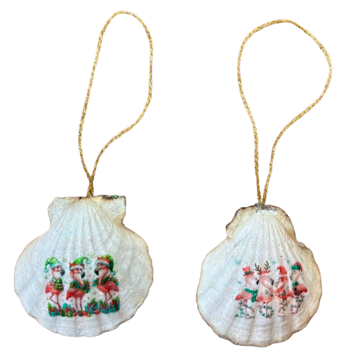 SCALLOP SEASHELL CHRISTMAS ORNAMENT- Shell FLAMINGO Christmas Ornaments SET 3 - BEACH COASTAL DECOR - Handmade Hand Painted DECOUPAGED Repurposed Upcycled Gift SET OF 2 Ornaments - JAMsCraftCloset