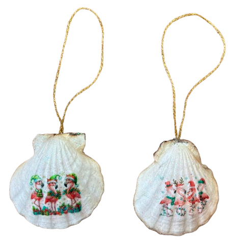 SCALLOP SEASHELL CHRISTMAS ORNAMENT- Shell FLAMINGO Christmas Ornaments SET 3 - BEACH COASTAL DECOR - Handmade Hand Painted DECOUPAGED Repurposed Upcycled Gift SET OF 2 Ornaments - JAMsCraftCloset