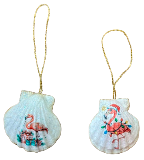 SCALLOP SEASHELL CHRISTMAS ORNAMENT- Shell FLAMINGO Christmas Ornaments SET 6 - BEACH COASTAL DECOR - Handmade Hand Painted DECOUPAGED Repurposed Upcycled Gift SET OF 2 Ornaments - JAMsCraftCloset